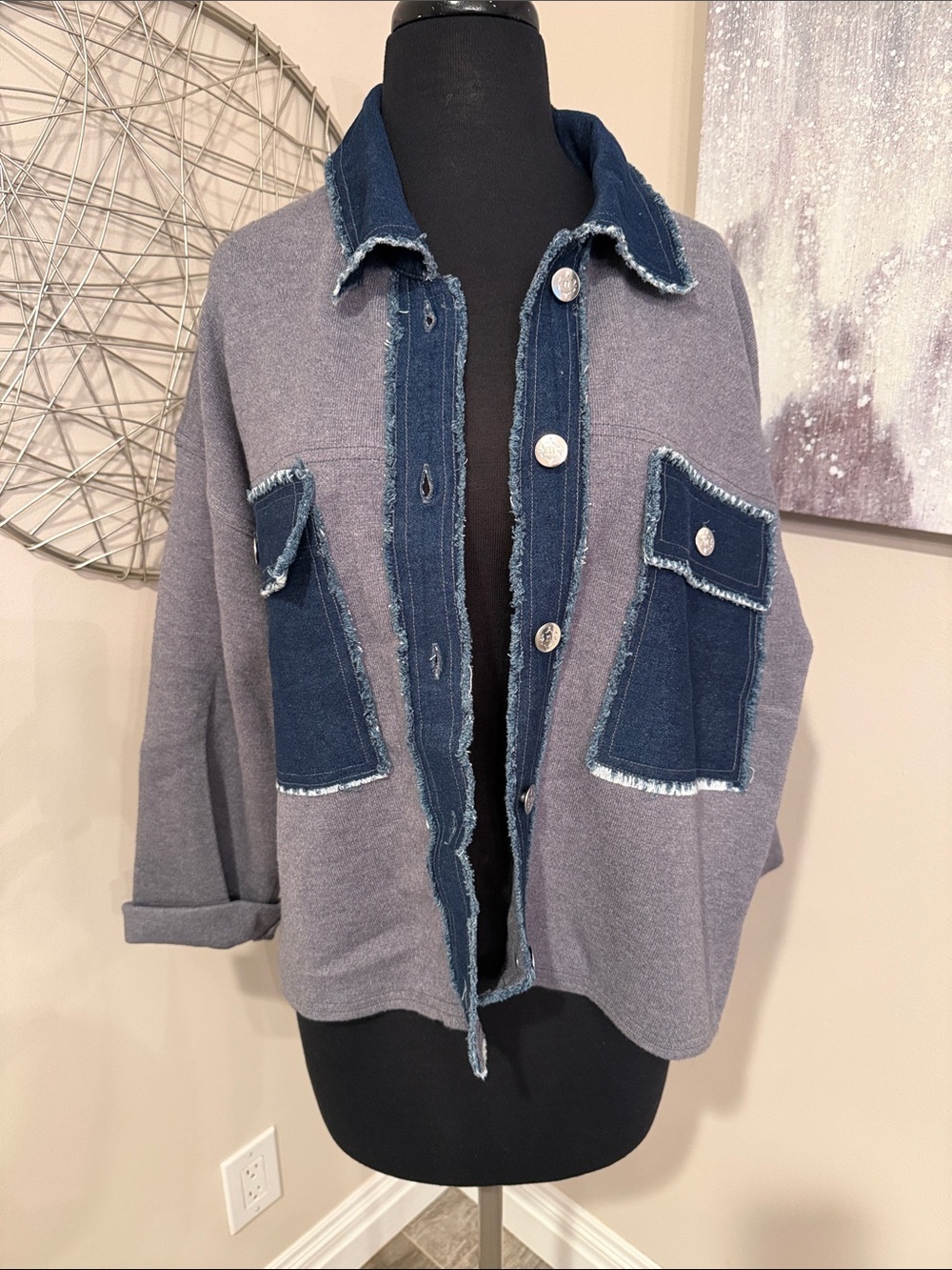 Nanette Lepore Frayed Denim-Trim Grey Button-Up Jacket size Large